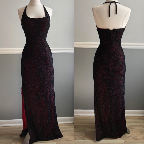 Sean Collection Dresses & Skirts - Elegant Black and Red Beaded Halter Formal Gown